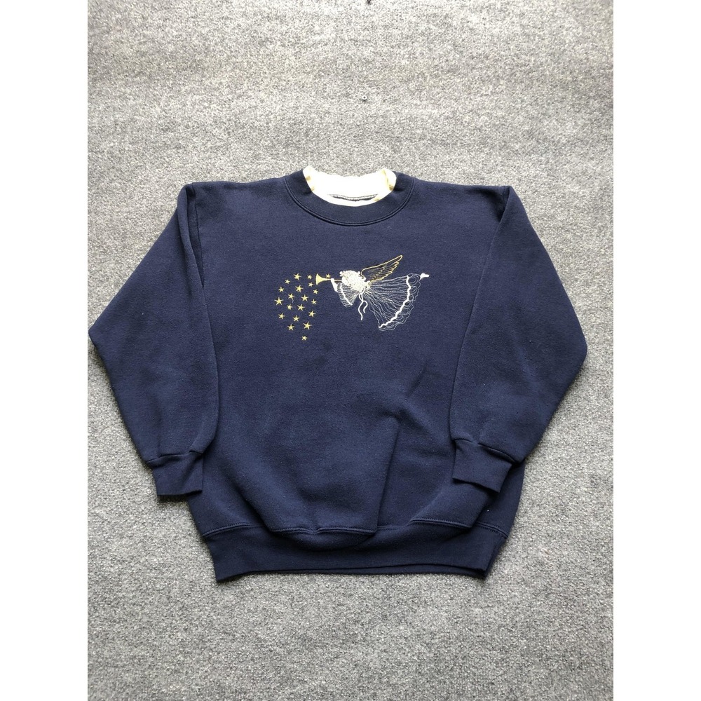 Won's Wear Shirt Womens Large Blue Crewneck Fleece Angel Stars Christmas Holiday